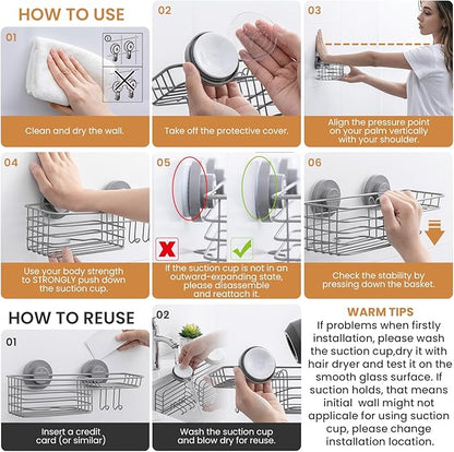 LEVERLOC Shower Caddy Suction Cup, Heavy Duty Bathroom Organizer for Inside Shower with Hooks & Soap holder， NO-Drilling Bathroom Holder-Grey