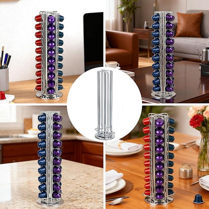 Silver 40 Pods Coffee Pod Holder for OriginalLine Capsules – 40 Pods Capacity, Countertop Coffee Capsule Carousel Organizer, Space-Saving Storage Rack