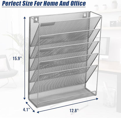 EASEPRES Desk File Organizer Mesh 6-Tier, Hanging Wall Mount Document Organization Stand, Desktop Vertical Mail Paper Folder Holder Rack with Bottom Tray for Office Home Cubicle Countertop, Gray