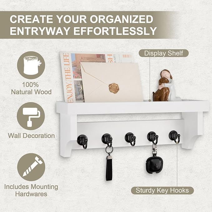 Key and Mail Holder Wall Mount, Key Holder with Shelf and Mail Organizer Wall Mount. Mail Holder with 5 Hooks for Coat, Dog Leash, Home Decor Rack, Entry Way Organizer (White)