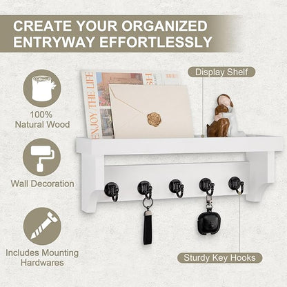 Key and Mail Holder Wall Mount, Key Holder with Shelf and Mail Organizer Wall Mount. Mail Holder with 5 Hooks for Coat, Dog Leash, Home Decor Rack, Entry Way Organizer (White)
