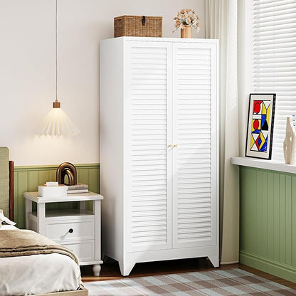 Letaya Metal Wardrobe Cabinets,71" Tall Armoire Wardrobe Closet with Fluted Doors and Shelves,Large Coat Closet Cabinet with Hanging Rod,Clothing Storage Cabinets for Home Room (White)
