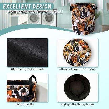 Cute Dogs Different Dog Laundry Basket Foldable With Handles Tote Bag Oxford Cloth Funny Animal Laundry Hamper Clothes Storage Bucket Toy Organizer 18.9"x16.5" For Bathroom/Laundry/Bedroom