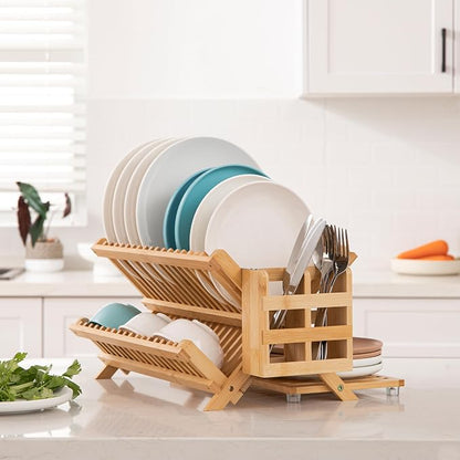 HBlife Bamboo Dish Drying Rack with Utensil Holder, 3-Tier Large Collapsible Wooden Dish Drainer Rack, Folding Drying Holder Dish Drainer for Kitchen Counter