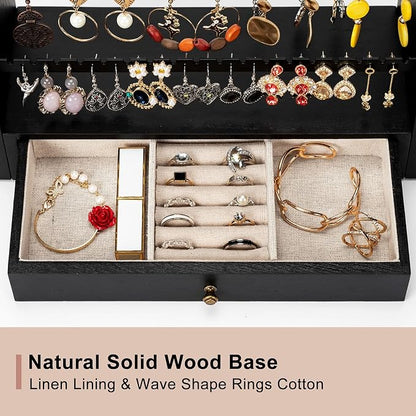 Pinzoveco Earring Organizer, 5 Layer Earring Holder Organizer with Metal Necklace Holder Pole, Rustic Wood Jewelry Organizer Stand Display for Stud Earring Bracelet Necklace Ring, 175 Earring Holes