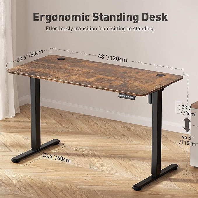 48" Electric Standing Desk Adjustable Height, Ergonomic Sit Stand Computer Desk for Home Office, Sturdy Motorized Workstation with Memory Controller & Timer, Brown