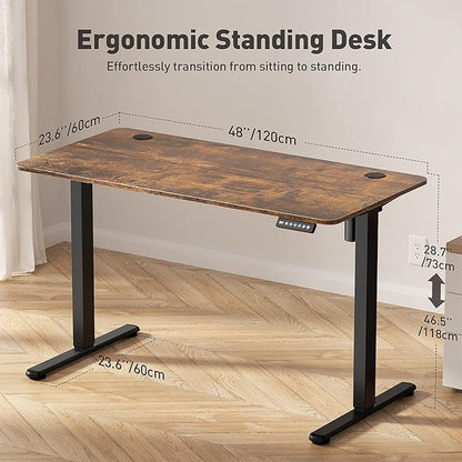 48" Electric Standing Desk Adjustable Height, Ergonomic Sit Stand Computer Desk for Home Office, Sturdy Motorized Workstation with Memory Controller & Timer, Brown