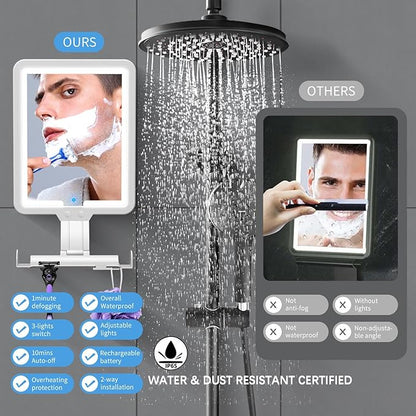 Instant Heated fog free Shower Mirror Fogless for Shaving for Women Makeup Removing,Anti fog Mirror for shower with 3-Color Dimming Light,Rechargeable Lighted Mirror,2Ways Wall Mounted Shower Mirrors