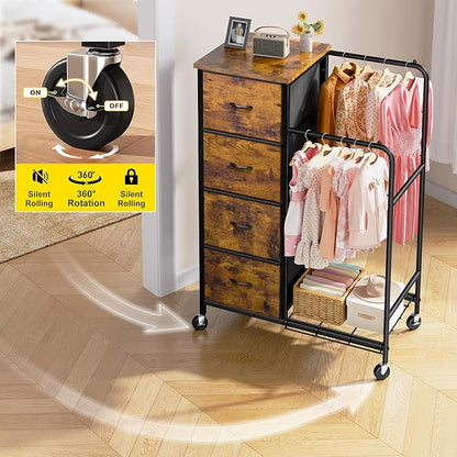 47.3" H Dresser with Hanging Rack, 4 Fabric Drawers with Double Clothes Rack & Wheels, Tall Closet Organizer Dresser for Bedroom, Entryway, Rustic Brown, 15.8" D x 29.9" W x 47.3" H