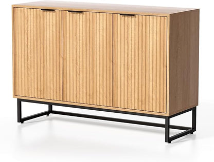 Fluted Storage Cabinet with 3 Doors, Sideboard Buffet Cabinets, Modern Accent Cabinets with Adjustable Shelves, Wooden Credenza Console Table Cabinet for Living Dining Room, Natural Oak