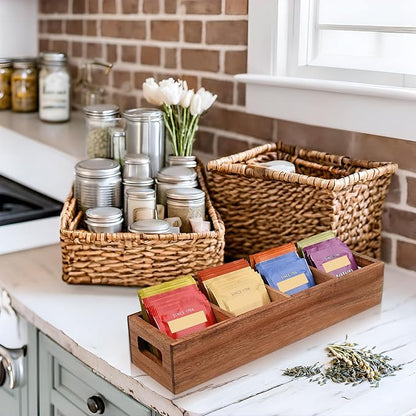 Acacia Wood Tea Bag Organizer with 4 Slots – Tea Bag Holder and Tea Organizer, Sugar Packet Storage for Countertops