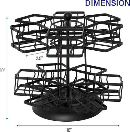 NHZ Tea Bag Organizer - Spinning Carousel Holder With 12 Compartments, Up to 140 Tea Bags Storage, Black Powder Coated Stainless Steel
