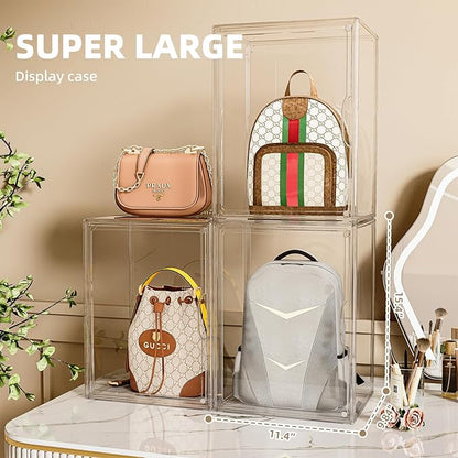 Purse Storage Organizer for Closet 3 Packs Clear Handbag Storage Organizer Acrylic Display Case for Collectibles Stackable Bag Organizer with Magnetic Door for Backpack, Figure, XXX-Large