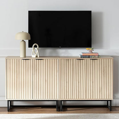 Fluted Storage Cabinet Sideboard Buffet Cabinet, Modern Accent Cabinets with Adjustable Shelves, Wooden Credenza, Console Table Entryway Cabinets for Living Dining Room, Light Oak