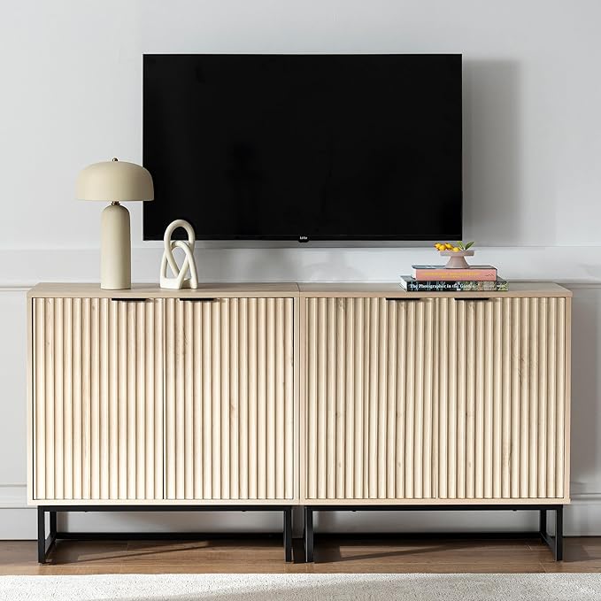 Fluted Storage Cabinet Set of 3, Sideboard Buffet Cabinet Modern Accent Cabinets with Adjustable Shelves, Credenza, Console Table Entryway Cabinets for Living Room, Light Oak