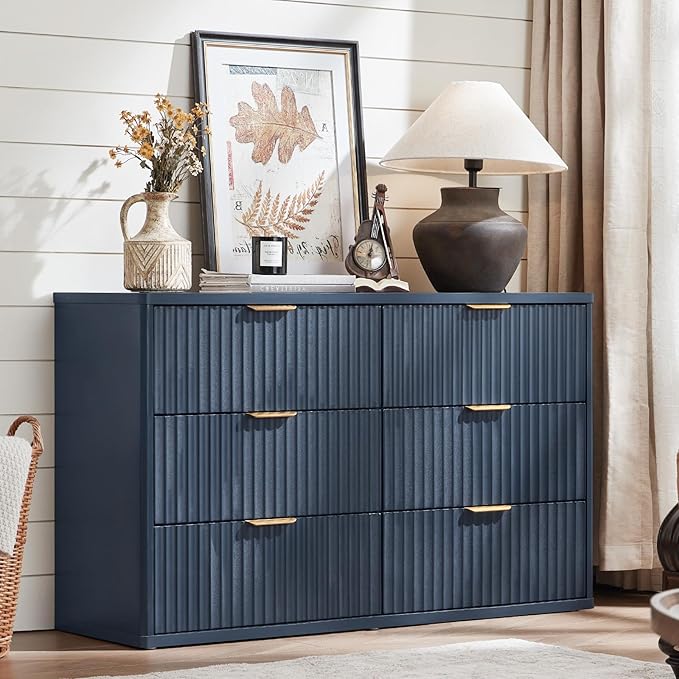 LEYAOYAO Fluted 6 Drawers Dresser Set of 2, 48" Wide Modern Chest of Drawers with Wood Grain Top, Curved Profile Design, Dresser TV Stand, Wooden Drawer Organizer for Bedroom, Living Room,Hallway,Blue