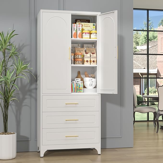 Metal Kitchen Pantry Cabinet with 3 Drawers，75 Inch White Food Pantry Cabinets for Kitchen Storage with 2 Adjustable Shelves,Tall Storage Cupboard for Living Room,Dining Room Office