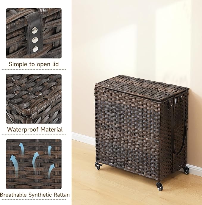 Laundry Hamper with Wheels, 39.6 Gallon(150L) Rolling Laundry Basket with Lid, Removable Large 2 Color Liners & 3 Mesh Laundry Bags, Clothes Hamper with Side Pocket, Brown