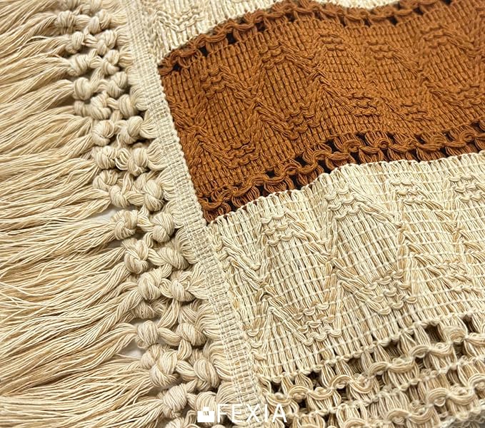 FEXIA Boho Table Runner 60 Inches Long Macrame Summer Decor Coffee Table Cover Farmhouse Stylewith Tassels for Party Bohemian Rustic Wedding Bridal Shower Dining Room Middle Brown (12x60 Inches)
