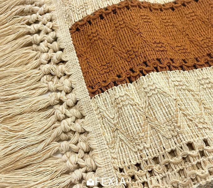 FEXIA Boho Table Runner 48 Inches Long Macrame Summer Decor Coffee Table Cover Farmhouse Stylewith Tassels for Party Bohemian Rustic Wedding Bridal Shower Dining Room Middle Brown (12x48 Inches)