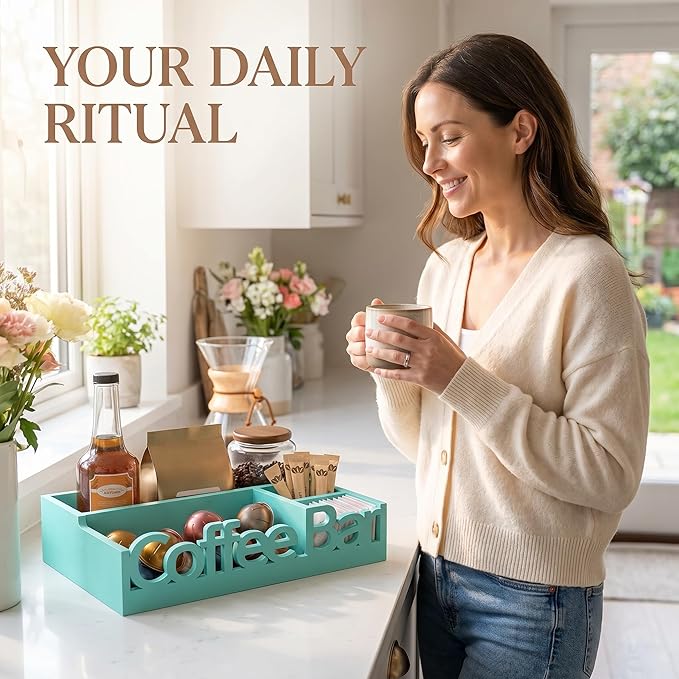 Coffee Bar Organizer for Countertop - Wood Coffee Pods Holder Storage Basket, Essential Coffee Bar Accessories for Home and Office, Condiment Station, Mini Coffee Bar