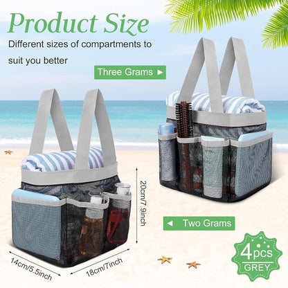 Hillban 4 Pcs Mesh Shower Caddy Portable Shower Caddy for Dorm Beach Mesh Bags with Deeper 8 Pockets and Handles Showers Caddies Basket for Women College Room Vacation(Gray)