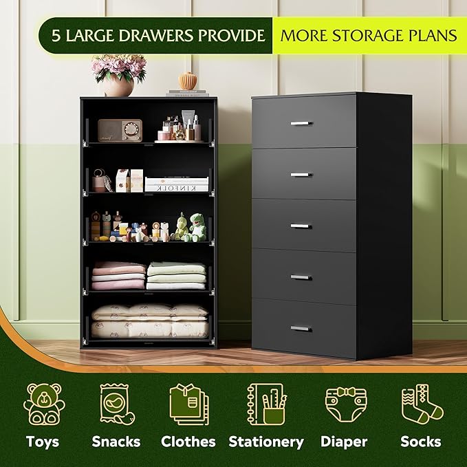 WLIVE Tall Dresser for Bedroom, Wood Chest of Drawers with Mental Handles, Black Bedroom Dresser with 5 Drawers, Modern Minimalist Closet Store Organizer for Living Room, Hallway