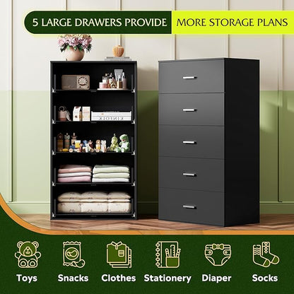 WLIVE Tall Dresser for Bedroom, Wood Chest of Drawers with Mental Handles, Black Bedroom Dresser with 5 Drawers, Modern Minimalist Closet Store Organizer for Living Room, Hallway