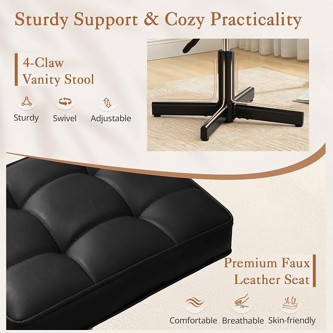 LUE BONA Adjustable Vanity Stool, Foot Rest Under Desk, 360° Swivel Vanity Chair for Makeup Room, Black Upholstered Faux Leather Ottoman for Bathroom & Living Room, 300lbs