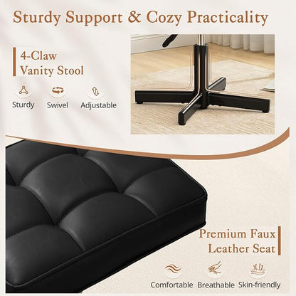 LUE BONA Adjustable Vanity Stool, Foot Rest Under Desk, 360° Swivel Vanity Chair for Makeup Room, Black Upholstered Faux Leather Ottoman for Bathroom & Living Room, 300lbs