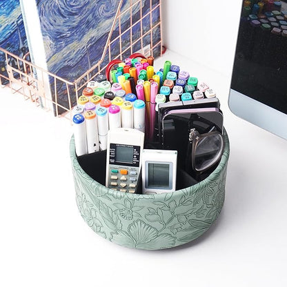 Hennaja Remote Control Holder, 360°Spinning PU Leather Desk TV Remote Caddy,Desk Storage Box Room Accessories for Controller, Media,Mail,Calculator, Mobile Phone,Pencil(1-Carved Green2)