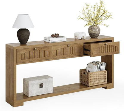 LITTLE TREE 70.8-Inch Long Console Table with 3 Drawers, Farmhouse Narrow Entryway Table for Hallway, Entry, Behind Couch, Sofa, Entrance, Living Room, Foyer with 2-Tier Shelves, Light Brown