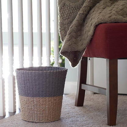 Household Essentials 2‑Tone Cattail Waste Bin with Handwoven Fibers and Metal Frame, Natural and Cream