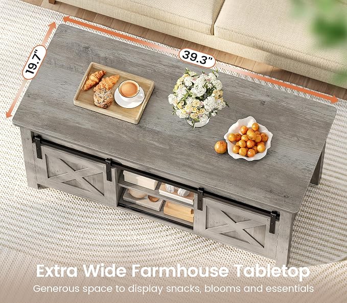 SEDETA Lift Top Coffee Table, Farmhouse Lift Tabletop Dining Table, Gas Spring, Hidden Compartment, Open Storage Shelf, for Living Room, Grey