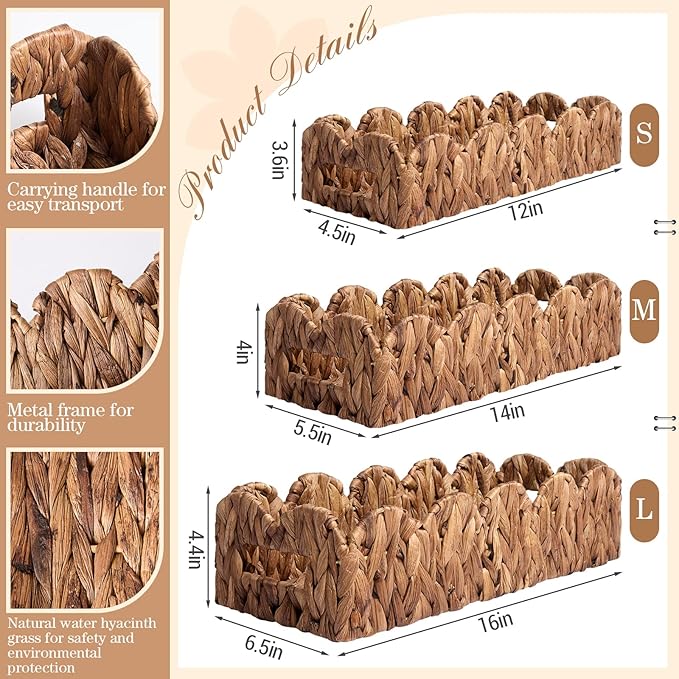 3 Pack Water Hyacinth Toilet Paper Basket for Organizing Scalloped Edge Wicker Basket with Handles Toilet Tank Paper Holder Storage for Bathroom Bedroom Countertop Shelf Decor(Brown)