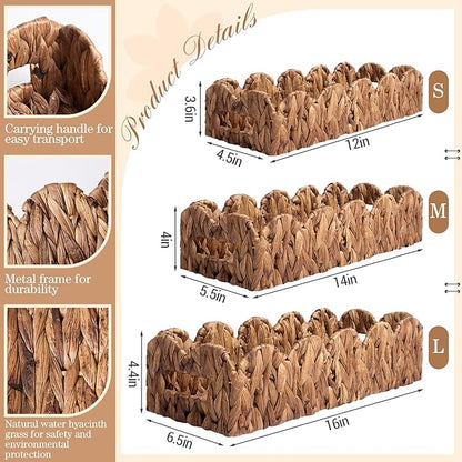 3 Pack Water Hyacinth Toilet Paper Basket for Organizing Scalloped Edge Wicker Basket with Handles Toilet Tank Paper Holder Storage for Bathroom Bedroom Countertop Shelf Decor(Brown)