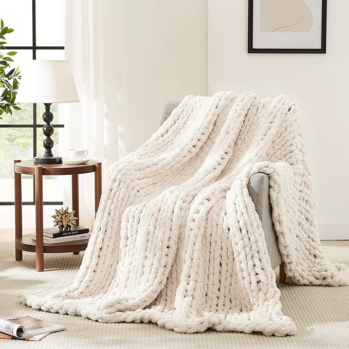L'AGRATY Chunky Knit Blanket Throw: 80''x90'' Chenille Chunky Knitted Throw Blanket for Bed Couch - Handmade Thick Big Cable Knit Blanket - Large Crochet Rope Blankets for Home Decor(Ivory)