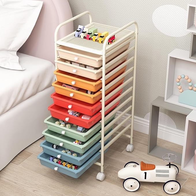 RELAX4LIFE Craft Organizers and Storage Cart - Rolling Cart with 10 Drawers, Lockable Casters for Tools, Trolley Cart with Wheels, Utility Cart for School, Home Office, Craft Cart (Macaron)