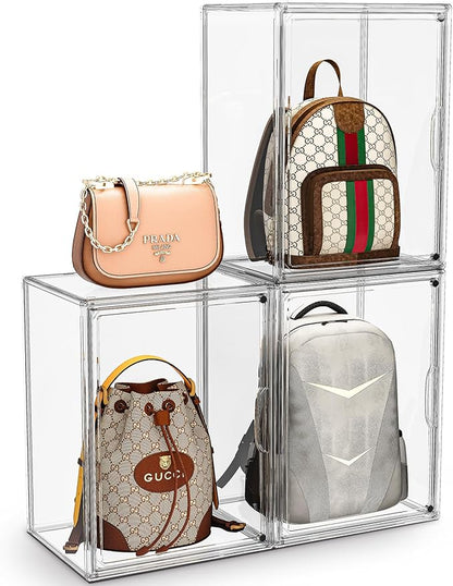 Purse Storage Organizer for Closet 3 Packs Clear Handbag Storage Organizer Acrylic Display Case for Collectibles Stackable Bag Organizer with Magnetic Door for Backpack, Figure, XXX-Large