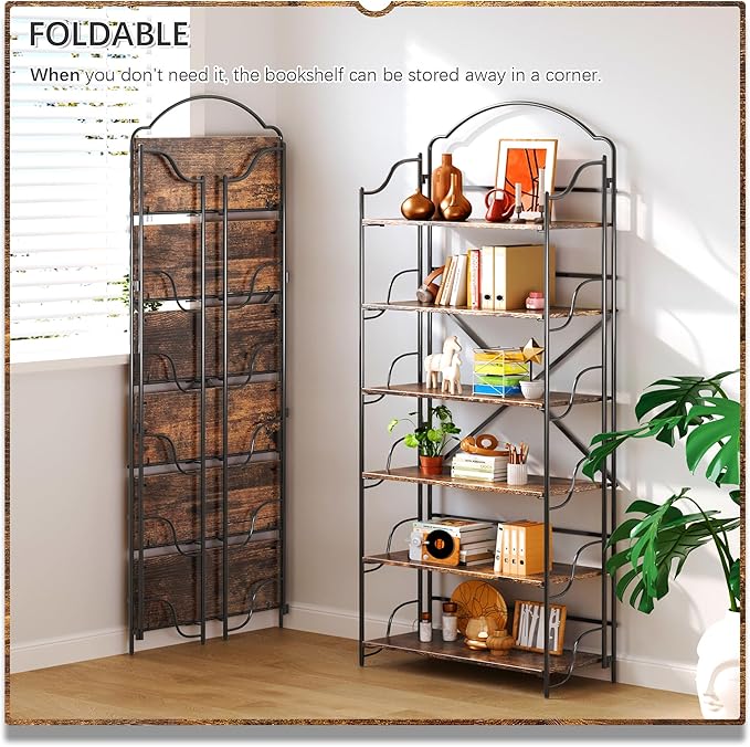 4NM No Assembly Folding Bookshelf for Living Room, 6 Tiers Collapsible Book Shelves Open Industrial Foldable Bookcase Storage Shelf for Home Office - Rustic Brown Black