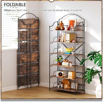 4NM No Assembly Folding Bookshelf for Living Room, 6 Tiers Collapsible Book Shelves Open Industrial Foldable Bookcase Storage Shelf for Home Office - Rustic Brown Black