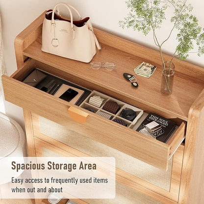 Rattan Shoe Storage Cabinet, Entryway Shoe Organizer with 2 Flip Drawers, Narrow Shoes Cabinet, Free Standing Hidden Shoe Storage, Shoe Rack for Entryway/Hallway/Front Door
