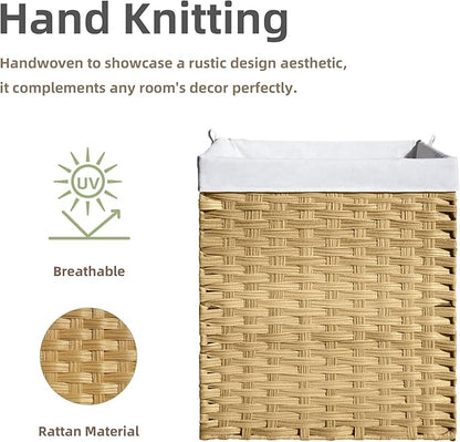 Woven Laundry Hamper with Lid,34 Gal(130 L) Rattan Wicker Laundry Basket 2 Sections with Lid, Removable Machine Washable Line, Large Clothes Hamper with Handles for Bathroom Bedroom, Yellow
