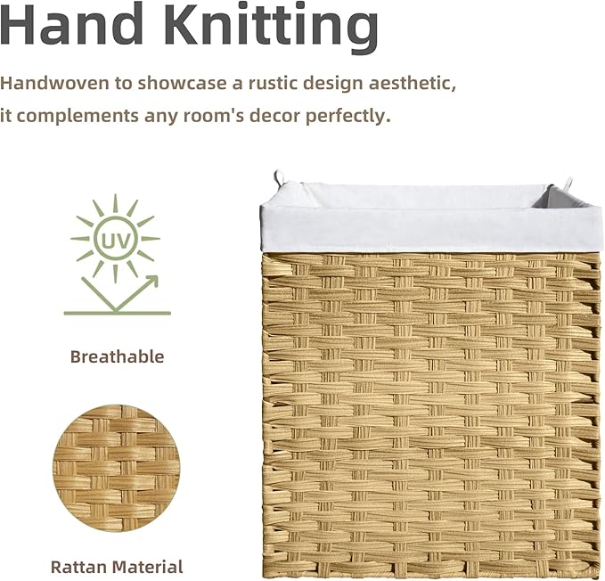 Woven Laundry Hamper with Lid,24Gal (90 L) Rattan Wicker Laundry Basket 2 Sections with Lid, Removable Machine Washable Line, Large Clothes Hamper with Handles for Bathroom Bedroom, Yellow