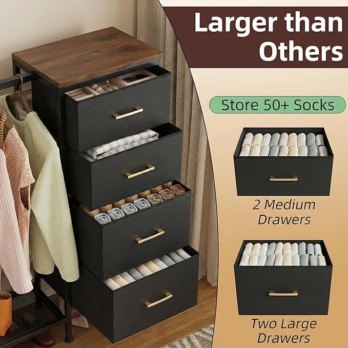 Dresser with Hanging Rack & CFR Certification, Reversible Black Dresser for Bedroom, Kids Chest of Fabric Drawers with Clothes Rack, Small Closet Organizer with Drawers, 44''H