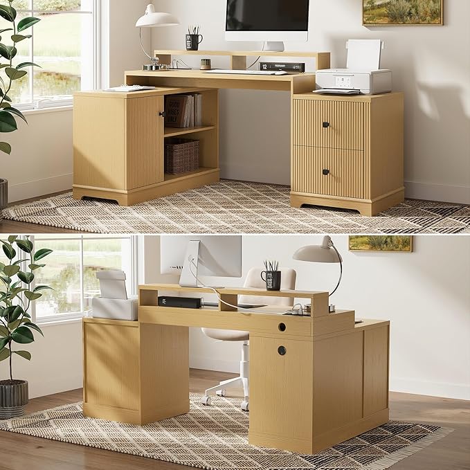 67" L Shaped Executive Desk with Drawers & Storage Shelf, Corner Computer Desk with Power Outlets, Home Office Desk with Monitor Stand, Printer Shelf, Computer Writing Desk for Work, Oak