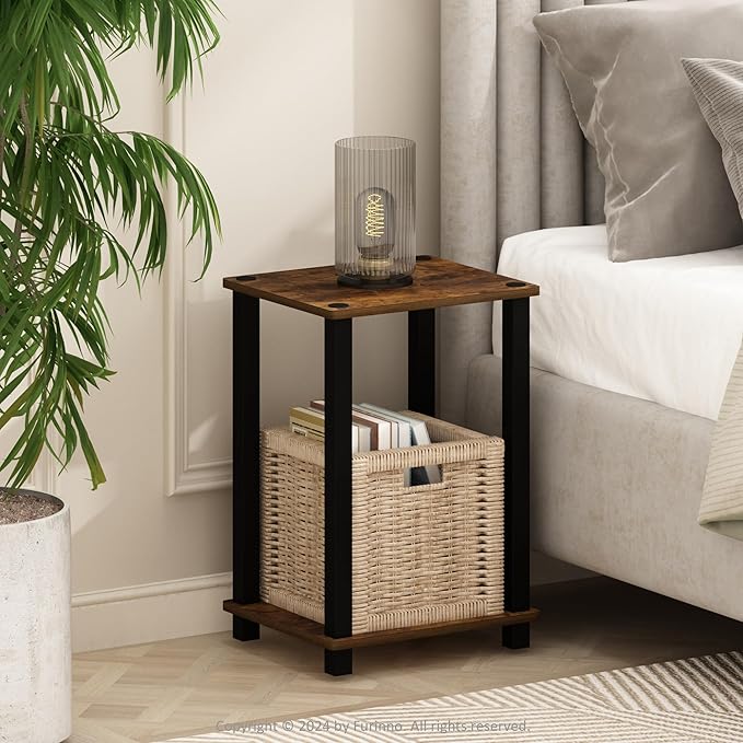 Furinno Simplistic Night Stand, 2-Tier Small Nightstand with Open Shelf, Toolless Assembly Bedside Table, End Table, Side Table, for Bedroom, Closet, Dorm, Amber Pine