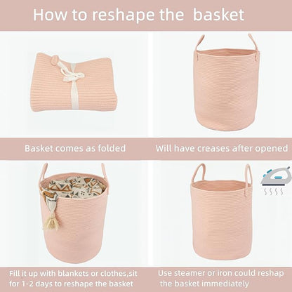 XUANGUO Cotton Rope Laundry Basket Hamper for Clothes Woven Storage Basket for Living Room Bedroom Boho Tall Rope Baskets for Blanket Toys Pillow Towels Baby Nursery Hamper Bin coral pink