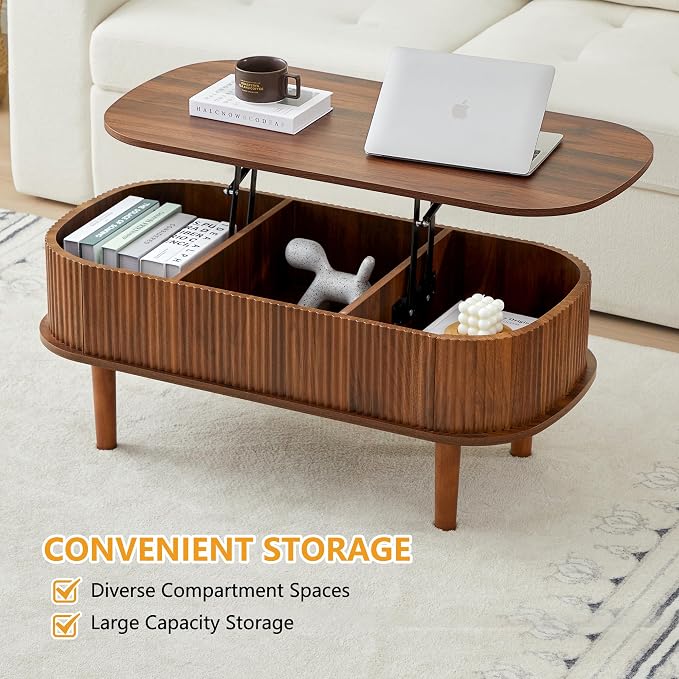 Fully Assembled Fluted Lift Top Coffee Table with Hidden Compartment, Wooden Center Table, Modern Oval Lift Tabletop for Home Living Room Office, Walnut