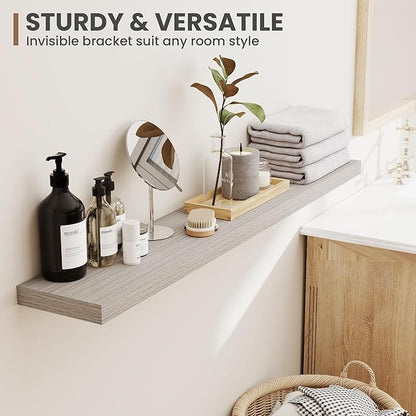Acovy 36 Inch Floating Shelves, 8 Inch Deep Floating Shelves for Wall, Hanging Shelf with Invisible Brackets, Deep Shelves for Bathroom, Bedroom, Living Room, Grey, Set of 2